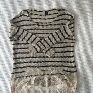Striped Knit Sweater with Lace Hem